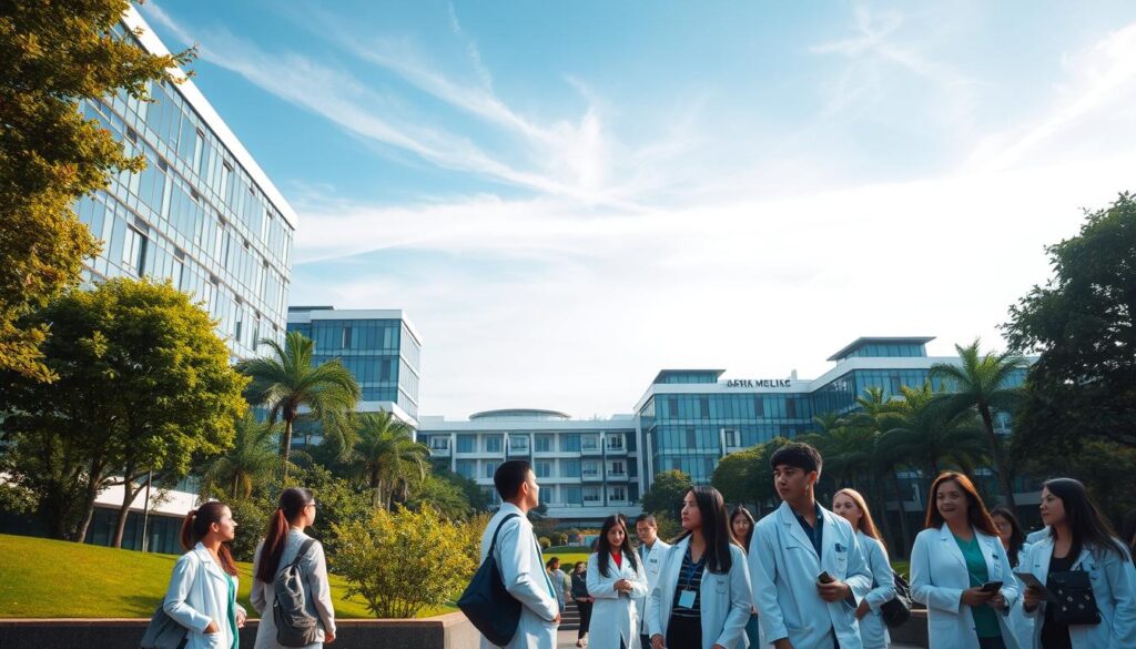 A bustling university campus, the Faculty of Medicine stands tall, its modern architecture blending seamlessly with lush greenery. In the foreground, students in white coats engage in thoughtful discussions, their expressions focused as they navigate the complexities of healthcare. The middle ground reveals state-of-the-art medical facilities, where cutting-edge research and treatment happen. Overhead, the sky is a soft blue, with wispy clouds casting gentle shadows, creating a tranquil and contemplative atmosphere. The scene conveys a sense of purpose, as the faculty serves as a hub for addressing pressing health issues, including the growing challenge of obesity and its link to diabetes. The image captures the essential role of this institution in shaping the future of medical care and public health.
