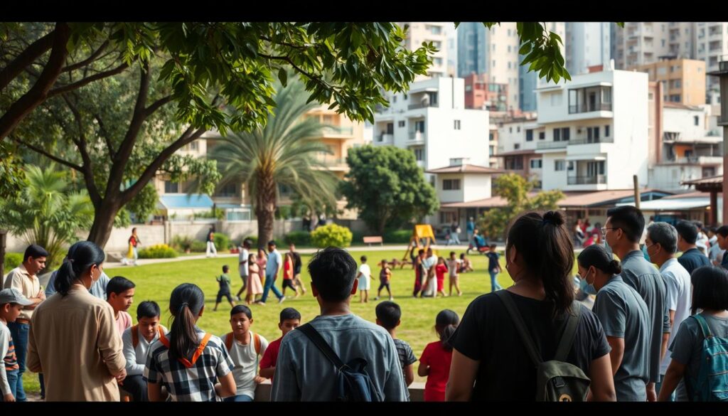 A bustling urban setting, with a diverse community engaged in various activities. In the foreground, locals gather around a community center, discussing and collaborating on projects that aim to improve their neighborhood. In the middle ground, a group of children play in a vibrant, well-maintained public park, while their parents supervise nearby. The background is filled with a mix of modern and traditional architecture, reflecting the area's rich cultural heritage. The lighting is soft and natural, creating a warm, inviting atmosphere. The scene conveys a sense of community engagement, social welfare, and the positive impact of well-designed and implemented educational programs on the local population.