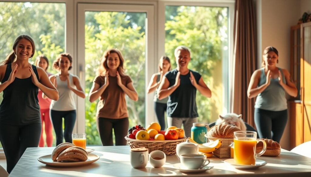 A cheerful scene of a group of people performing a healthy morning exercise routine in a sun-lit, airy room. In the foreground, several individuals in activewear are engaged in a synchronized yoga or aerobic session, their expressions serene and focused. In the middle ground, a table is set with a healthy breakfast spread - fresh fruits, whole grain breads, and steaming cups of tea or coffee. The background features large windows overlooking a lush, verdant outdoor space, creating a sense of connection to nature. The lighting is warm and natural, accentuating the vibrant colors and creating a calming, rejuvenating atmosphere.