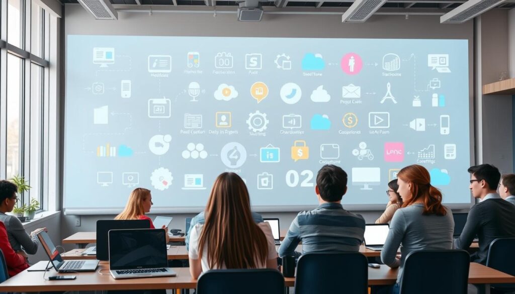A classroom setting with a digital projection screen showcasing various digital learning tools and technologies. In the foreground, a group of students and teachers engaged in lively discussion, representing the challenges and solutions of implementing digital education. The middle ground features a mix of laptops, tablets, and other digital devices, symbolizing the integration of technology in the learning process. The background depicts a modern, well-lit educational environment with large windows, evoking a sense of openness and innovation. The overall scene conveys a harmonious balance between the human element and the digital components, highlighting the collaborative effort required to overcome the obstacles in digital education implementation.
