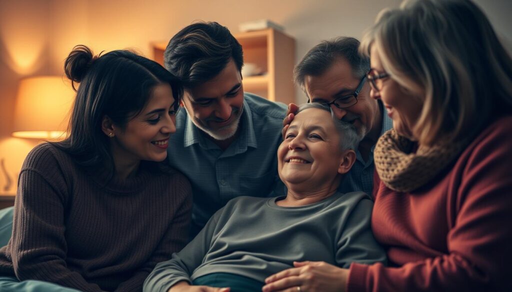 A close-knit family gathering, with a diabetic patient at the center, surrounded by loved ones offering emotional and practical support. Warm lighting casts a comforting glow, as they share a heartfelt conversation. The patient's expression conveys a mixture of gratitude and determination, fueled by the motivating presence of their family. In the background, subtle medical accoutrements suggest the ongoing management of the condition, yet the focus remains on the nurturing, familial bond. Captured with a soft, cinematic lens to evoke a sense of intimacy and understanding.