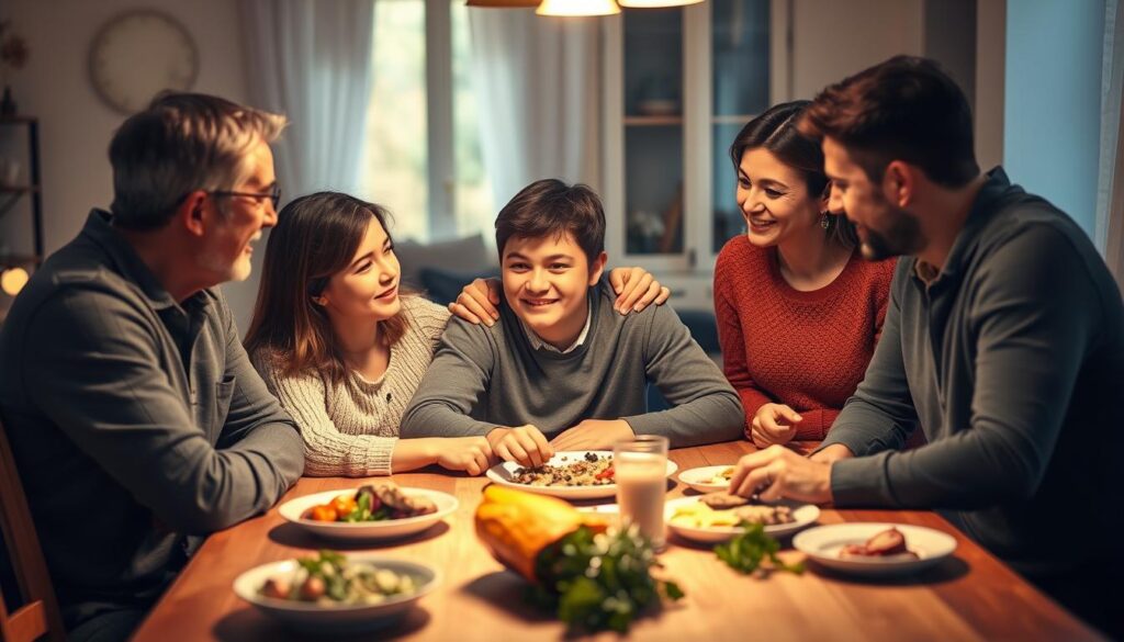 A close-knit family gathers around a dining table, offering support and encouragement to a young person with diabetes. The scene is bathed in warm, soft lighting, creating an atmosphere of comfort and care. In the foreground, a family member's hand rests reassuringly on the person's shoulder, while others lean in, their expressions conveying empathy and concern. The middle ground features a spread of healthy, diabetes-friendly foods, symbolizing the family's commitment to their loved one's well-being. The background depicts a cozy, inviting home environment, with subtle details that suggest a nurturing, supportive setting. The overall image reflects the importance of family unity and understanding in managing the challenges of living with diabetes.