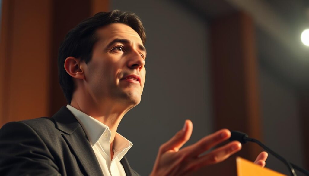 A close-up portrait of a confident, knowledgeable speaker standing at a podium, delivering an engaging webinar presentation on diabetes. Warm, soft lighting illuminates their face, casting dramatic shadows that highlight their expression of authority and expertise. The speaker's upper body and hands are in focus, conveying a sense of dynamic presentation and command of the subject matter. The background is slightly blurred, suggesting a professional setting such as a conference room or auditorium. The overall mood is one of informative, trustworthy authority on the important topic of diabetes.
