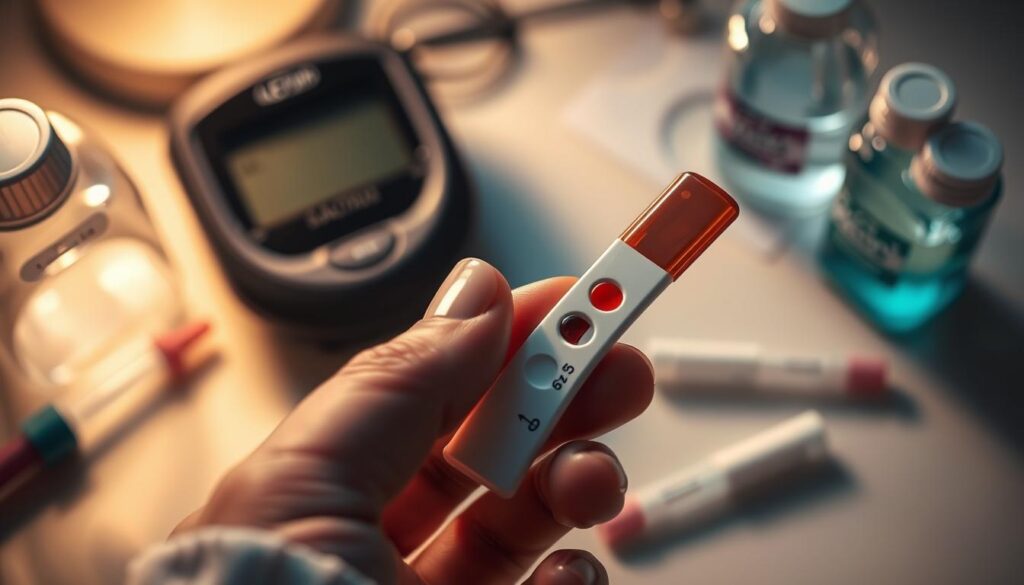 A close-up shot of a human hand holding a glucose test strip, surrounded by medical equipment such as a glucometer, test lancets, and alcohol swabs. The scene is bathed in a warm, diffused lighting, creating a clinical yet calming atmosphere. The focus is on the test strip, with the blood droplet prominently displayed, conveying the importance of monitoring blood sugar levels. The background is blurred, emphasizing the subject matter. The composition and lighting aim to visually communicate the significance of early diabetes screening for students.