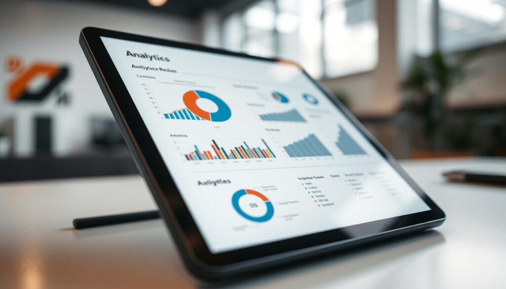 A close-up shot of an analytical report on a digital tablet, displaying various charts, graphs, and data visualizations. The screen is illuminated by a soft, directional light from the side, casting subtle shadows and highlights that accentuate the details. The tablet is placed on a clean, minimalist desk, with a blurred background of a modern office or workspace. The overall mood is one of focused, professional analysis, with a sense of clarity and attention to detail.