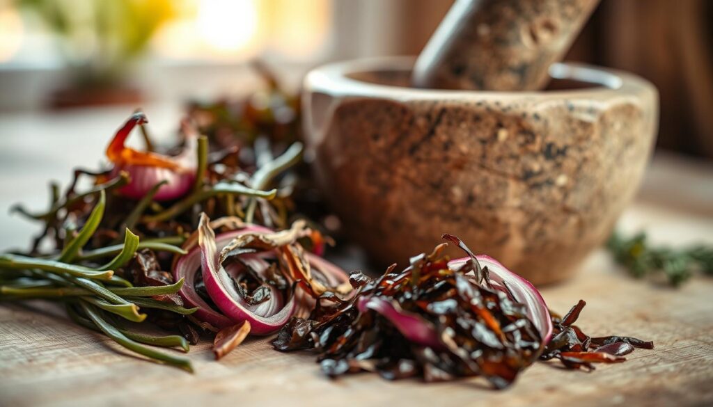 A close-up shot of natural ingredients being processed for diabetes management. In the foreground, fresh red onion skins and seaweed are carefully selected and arranged on a wooden surface, their textures and colors contrasting beautifully. In the middle ground, the ingredients are being gently crushed and blended using traditional stone mortar and pestle, hinting at the handcrafted, artisanal nature of the process. The background is softly blurred, creating a sense of focus and emphasis on the central action. Warm, natural lighting casts a gentle glow, conveying a soothing, therapeutic atmosphere. The overall impression is one of mindful, holistic, and sustainable practices for natural diabetes management.