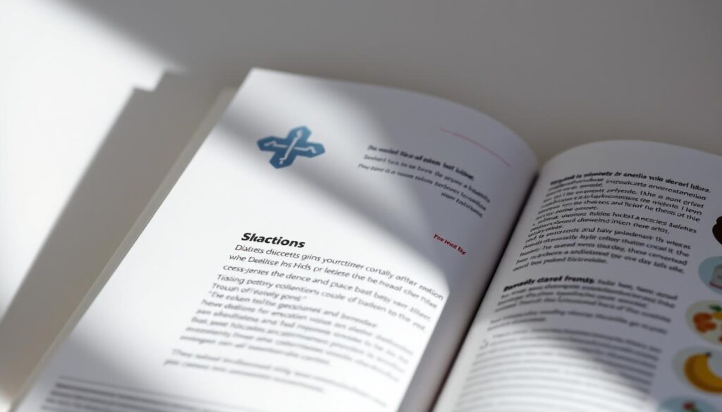 A close-up view of a stylish and informative diabetes education booklet, designed with a minimalist, modern aesthetic. The cover features a simple yet striking graphic representation of the medical symbol against a clean, muted background. The pages inside showcase a balanced layout with clear section titles, easy-to-read text, and carefully curated illustrations that enhance the educational content. The booklet has a tactile, high-quality finish, inviting the reader to engage with the material. Soft, directional lighting from the side accentuates the booklet's design elements, creating a sense of depth and emphasizing the thoughtful attention to detail.