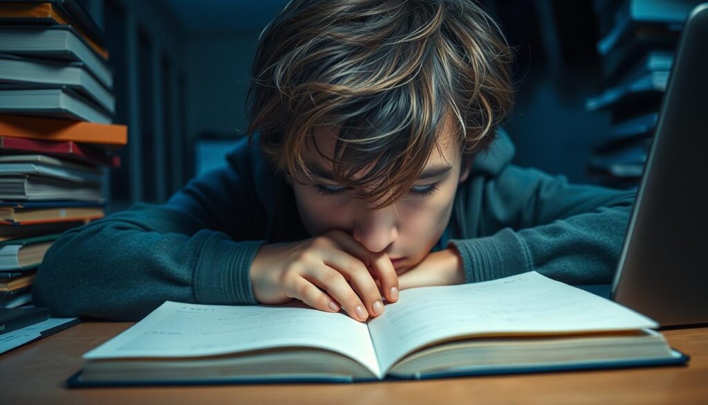 A college student with heavy-lidded eyes and disheveled hair, slumped over a desk in a dimly lit study area. Stacks of books and a laptop surround them, suggesting the pressures of academic workload. The lighting is hazy, casting a bluish tone that conveys a sense of exhaustion. The background is blurred, emphasizing the student's weary expression and the isolation of the moment. An open notebook lies before them, a testament to their efforts to push through, despite the toll on their physical and mental well-being.