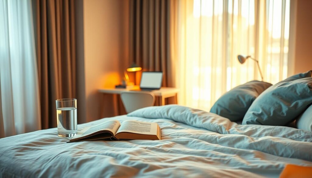 A cozy, well-lit bedroom with a comfortable, inviting bed in the foreground. The bed features soft, plush bedding in calming colors like blues or greens, creating a tranquil atmosphere. On the nightstand, a glass of water and a book are placed, suggesting a relaxing sleep routine. In the middle ground, a small desk with a laptop and study materials, conveying a studious, focused environment for a university student. The background features warm, diffused lighting filtering through sheer curtains, evoking a sense of peacefulness and serenity. The overall mood is one of relaxation, productivity, and healthy sleep habits.