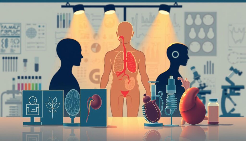 A detailed and visually striking illustration depicting the various types of diabetic complications. In the foreground, prominently featured are several distinct medical icons or symbols representing specific conditions like neuropathy, kidney disease, and cardiovascular issues. The middle ground showcases human anatomical elements affected by these complications, rendered in a lifelike, yet stylized manner. The background subtly blends medical imagery, such as test tubes, microscopes, and diagnostic charts, creating a clinical yet sophisticated atmosphere. Warm lighting from above casts dramatic shadows, heightening the sense of gravity and importance. The overall composition is balanced, with clean lines and a harmonious color palette that conveys the seriousness of the subject matter.