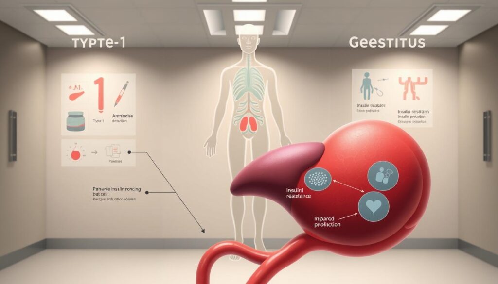 A detailed close-up illustration of the three main types of diabetes mellitus - type 1, type 2, and gestational diabetes. The foreground depicts the pancreas, with visuals showcasing the pathological processes underlying each condition, such as the autoimmune destruction of insulin-producing beta cells, insulin resistance, and impaired insulin production. The middle ground features stylized anatomical diagrams and icons representing the physiological effects on the human body. The background is a clean, minimalist medical setting with muted tones, providing a clinical and informative atmosphere. The lighting is soft and directional, emphasizing the three-dimensional forms and enhancing the educational quality of the image.