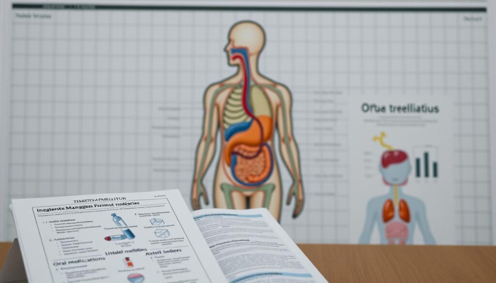 A detailed medical diagram showcasing the comprehensive management of diabetes mellitus. In the foreground, a neatly annotated illustration depicts the various treatment modalities, including insulin administration, oral medications, and lifestyle interventions. The middle ground features a cross-section of the human body, highlighting the key anatomical structures affected by the disease, such as the pancreas, blood vessels, and organs. The background sets a clinical atmosphere, with a subtle grid pattern and muted tones that evoke a sense of scientific precision. Soft, directional lighting illuminates the scene, creating depth and emphasizing the technical aspects of diabetes management. The overall tone conveys a well-organized, educational, and informative visual aid suitable for a medical textbook or academic publication.