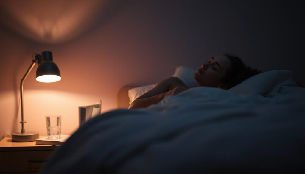 A dimly lit bedroom scene, with a peaceful and serene atmosphere. In the foreground, a person resting comfortably on a soft, inviting bed, their eyes closed, exuding a sense of deep relaxation. The middle ground features a nightstand with a reading lamp, a glass of water, and a book, suggesting a calming bedtime routine. The background showcases a soothing, neutral-toned wall, creating a calming and tranquil environment. Subtle, warm lighting from the lamp casts a gentle glow, enhancing the overall mood of tranquility and well-being. The scene conveys the importance of consistent, high-quality sleep and the positive impact it can have on one's overall health and wellness.