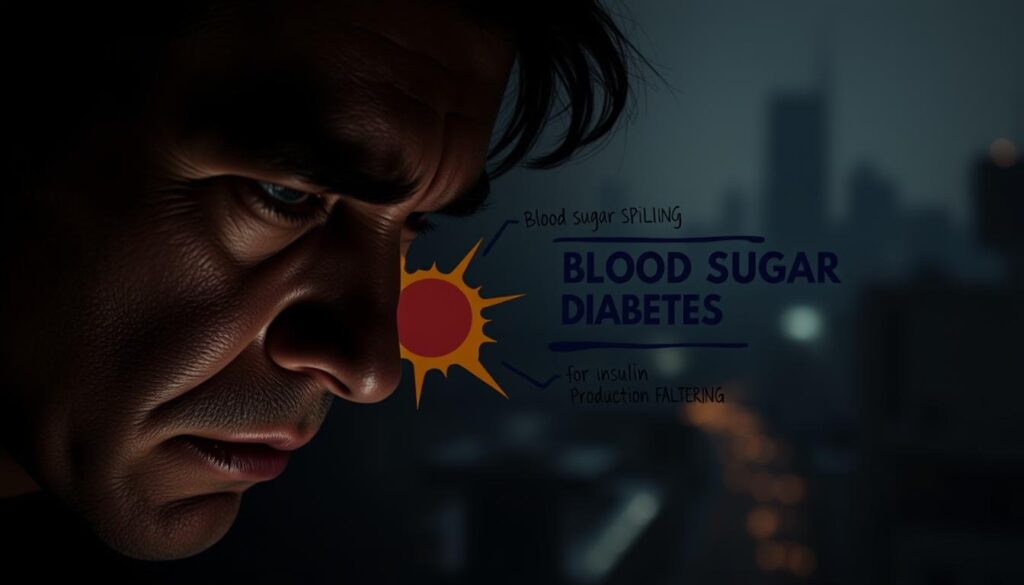 A dimly lit, realistic scene depicting the physiological effects of stress on diabetes. In the foreground, a close-up of a worried human face, brow furrowed, conveying anxiety and tension. In the middle ground, stylized visuals of blood sugar levels spiking and insulin production faltering, represented by bold, dynamic shapes and colors. In the background, a hazy, blurred cityscape, symbolizing the external stressors that can exacerbate the condition. Soft, dramatic lighting casts shadows that accentuate the subject's troubled expression. The overall tone is somber, contemplative, highlighting the tangible, physical impact of stress on diabetic health.