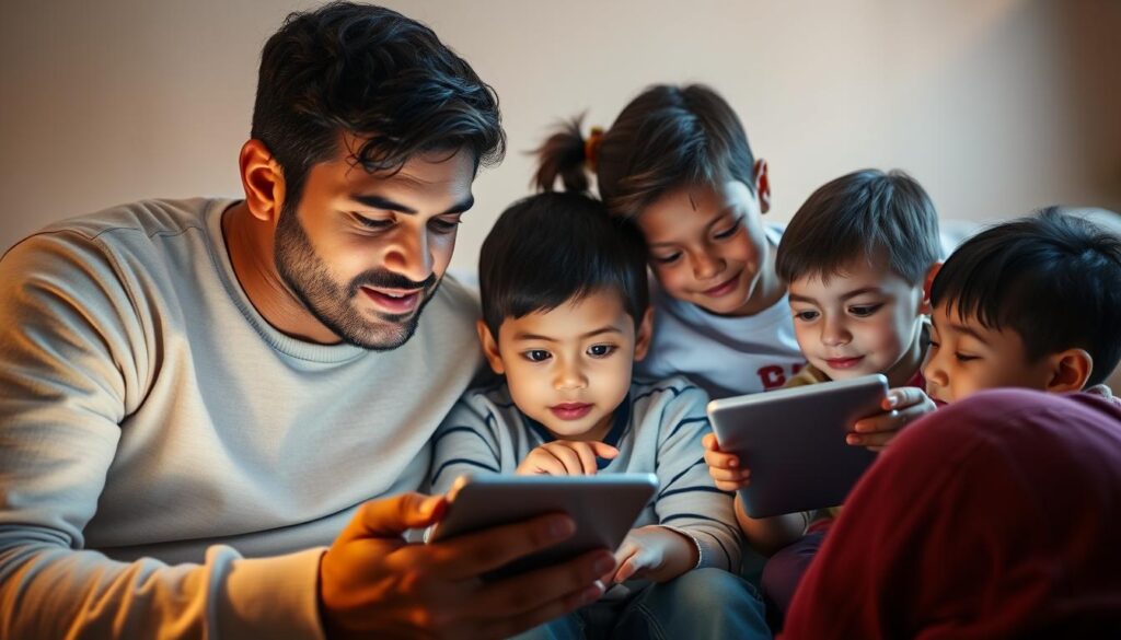 A family gathered around a digital device, engaged in online learning. In the foreground, a parent guides a child through an educational app, their faces illuminated by the soft glow of the screen. In the middle ground, siblings collaborate on a digital task, their expressions focused and curious. The background showcases a cozy, inviting home environment, with warm lighting and subtle textures, conveying a sense of comfort and support. The scene embodies the pivotal role of the family in fostering a nurturing, technology-driven educational experience.