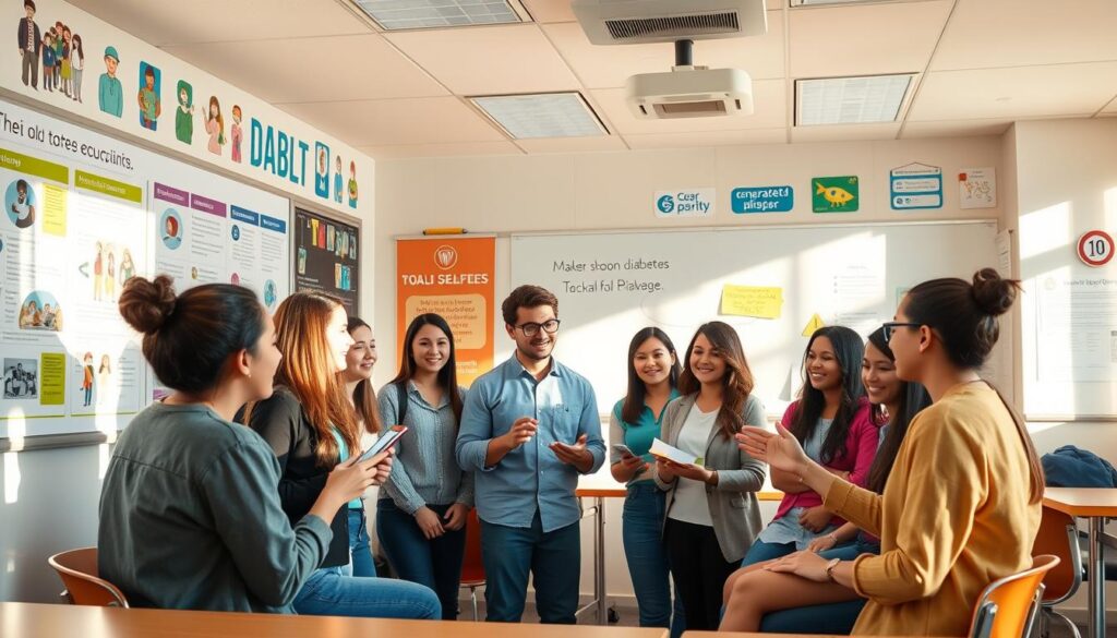 A group of university students gathered in a sunny, well-lit classroom, engaged in a lively discussion on diabetes education. Vibrant visuals and interactive teaching aids adorn the walls, creating an inviting, informative atmosphere. The students, clad in casual yet professional attire, demonstrate various self-care techniques and share personal experiences, fostering a sense of community and empowerment. Warm lighting casts a soft glow, highlighting the students' attentive expressions as they learn to better manage this chronic condition. The scene conveys a collaborative, educational environment where students innovate and empower their local community through diabetes awareness and practical solutions.