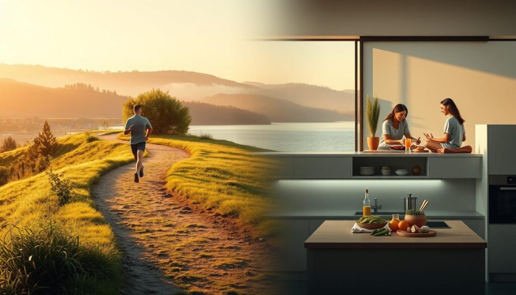 A healthy lifestyle to prevent diabetes: a serene landscape with a jogger running on a winding path surrounded by lush greenery, a person doing yoga on a tranquil lake shore, and a family preparing a nutritious meal in a modern, minimalist kitchen. Soft, warm lighting illuminates the scene, creating a sense of balance and wellness. The composition emphasizes the interconnectedness of physical activity, mindfulness, and healthy eating, conveying the holistic approach to managing diabetes through lifestyle changes.