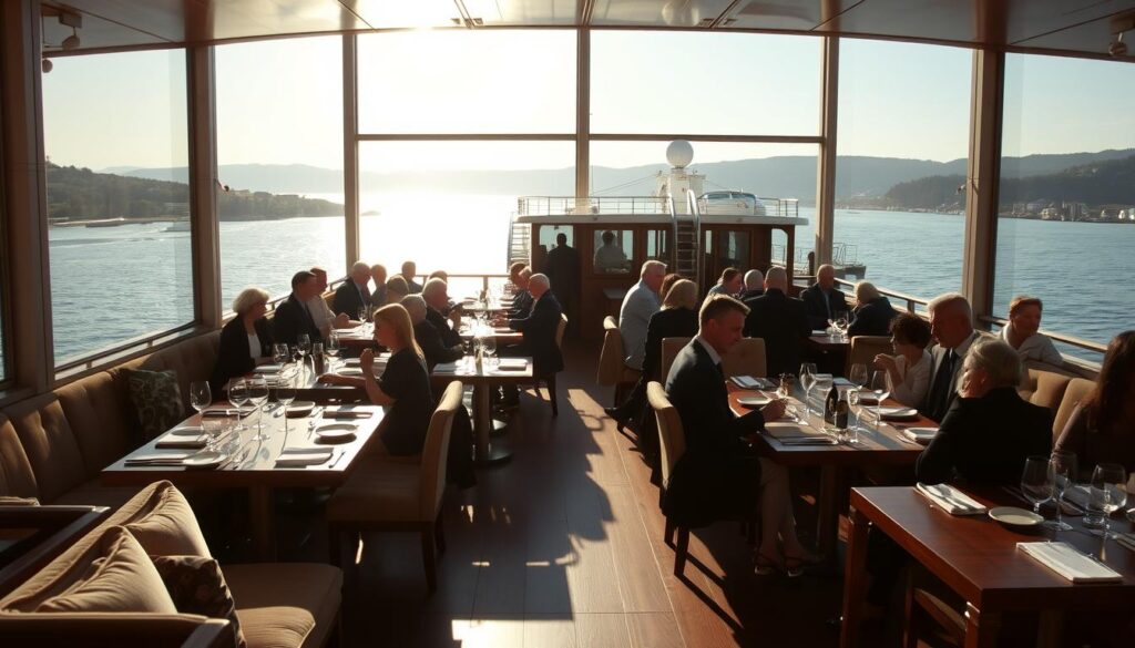 A scenic waterfront restaurant on a ferry, sunlight streaming through large windows, casting a warm glow on the elegant dining area. A central focal point showcases the sweeping river view, with well-dressed patrons enjoying a refined, leisurely meal. Plush upholstered seating, polished wooden tables, and subtle nautical accents create an inviting, upscale ambiance. In the background, the silhouette of the ferry's exterior frames the serene landscape beyond. A carefully curated menu and attentive service elevate the dining experience, making this an idyllic setting for a memorable meal on the water.