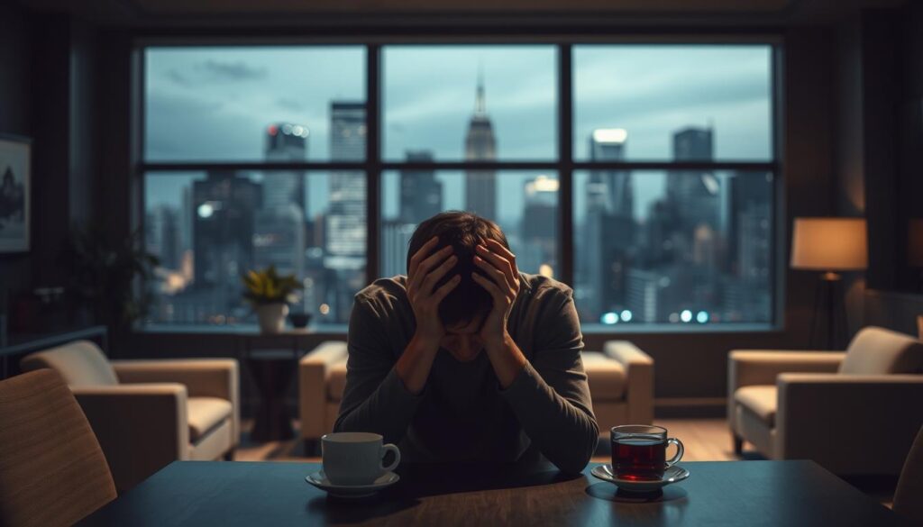 A serene, dimly lit office space, with a large window overlooking a bustling city skyline. In the foreground, a person sits at a desk, head in hands, visibly stressed. Calming, neutral-toned furniture and decor create an atmosphere of quiet contemplation. Soft, directional lighting casts shadows and highlights the figure's pensive expression. In the middle ground, a potted plant and a cup of tea suggest moments of respite and self-care. The background is blurred, hinting at the pressures and demands of the outside world, while the close-up focus remains on the individual's internal experience of stress management.