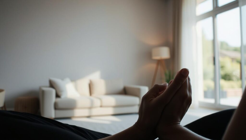 A serene, dimly lit scene of a person practicing relaxation techniques to manage stress. In the foreground, their hands rest calmly on their lap, fingers intertwined. In the middle ground, a simple, minimalist living room with soothing neutral tones and soft natural lighting filtering through sheer curtains. The background features a tranquil outdoor landscape, perhaps a garden or park, visible through a large window, conveying a sense of peace and balance. The overall mood is one of tranquility, mindfulness, and a holistic approach to stress management for someone living with diabetes.