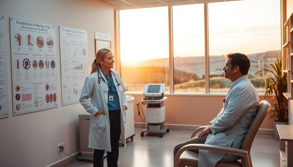 A serene medical clinic scene, with a warm, soft lighting illuminating the interior. In the foreground, a healthcare professional stands, discussing preventative measures with a patient sitting comfortably. On the walls, informative charts and diagrams illustrate the various complications of diabetes and strategies for their management. The middle ground features state-of-the-art medical equipment, conveying a sense of professionalism and care. In the background, a calming landscape visible through large windows, evoking a holistic approach to healthcare. The overall atmosphere is one of reassurance, education, and a collaborative effort to address the challenges of diabetes complications.