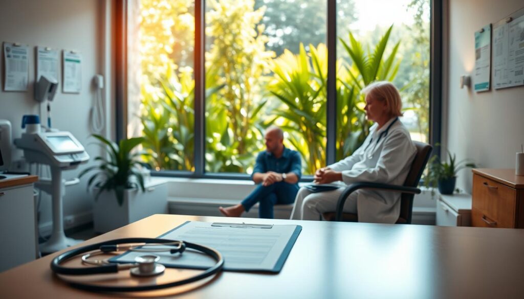 A serene medical office, bathed in warm, natural lighting. In the foreground, a doctor's desk with a stethoscope, clipboard, and a stack of health records. Behind it, a large window overlooking a lush, verdant garden, creating a calming, therapeutic atmosphere. In the middle ground, a patient sitting comfortably, engaged in a thoughtful discussion with the doctor, their expressions conveying the importance of regular health screenings and checkups. The background features subtle medical equipment and signage, underscoring the professional, yet welcoming environment. The overall scene promotes a sense of trust, care, and the proactive approach to maintaining good health.