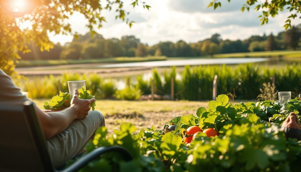 A serene, sun-dappled scene of a healthy lifestyle for a person with diabetes. In the foreground, a person sitting comfortably on a park bench, enjoying a fresh salad and a glass of water. The middle ground showcases a well-tended vegetable garden, with vibrant, nutrient-rich produce. In the background, a tranquil pond reflects the clouded sky, surrounded by lush greenery. Warm, natural lighting filters through the leaves, creating a calming atmosphere. The overall composition conveys a sense of balance, mindfulness, and a holistic approach to managing diabetes through a healthy, active lifestyle.