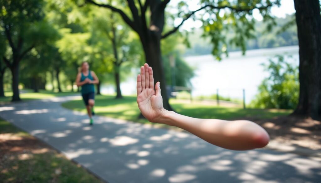A serene, well-lit scene depicting the benefits of physical exercise for individuals with diabetes. In the foreground, a person performing a light yoga pose, their expression serene and focused. In the middle ground, a person jogging on a tree-lined path, their stride confident and energetic. In the background, a backdrop of lush greenery and a tranquil body of water, conveying a sense of balance and harmony. The lighting is soft and natural, highlighting the participants' healthy glow. The overall atmosphere is one of wellness, vitality, and the empowering effects of physical activity for those managing diabetes.