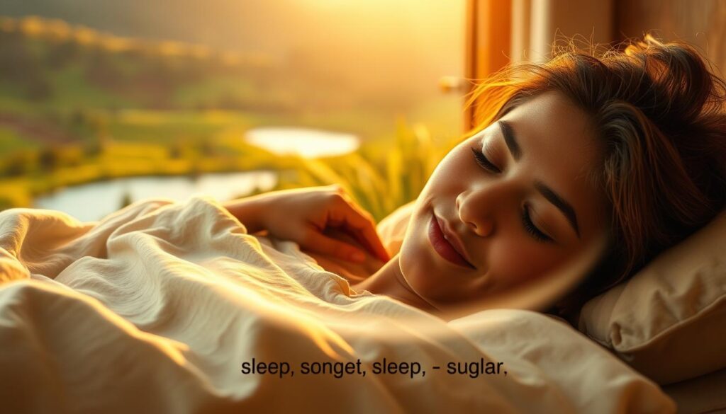 A serene, well-rested individual sleeping peacefully, with a peaceful expression on their face. The scene is bathed in warm, golden lighting, creating a cozy and calming atmosphere. In the background, a lush, verdant landscape with rolling hills and a tranquil lake can be seen, symbolizing the restorative power of a good night's sleep. The foreground focuses on the person's stable and regulated blood sugar levels, represented by a subtle glowing aura surrounding them. The overall composition conveys the harmony and health benefits of adequate, quality sleep.