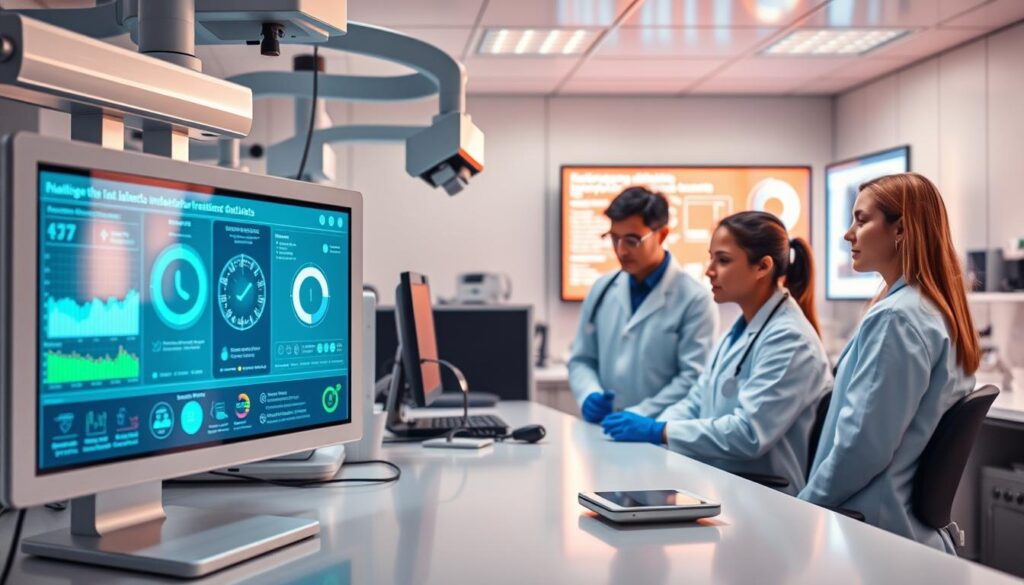 A sleek, modern laboratory workspace with sophisticated medical equipment. In the foreground, a digital display showcases the latest advancements in diabetes management, featuring intuitive visualizations and real-time data analysis. The middle ground highlights a team of researchers collaborating on innovative treatments, their expressions focused and determined. In the background, a wall-mounted touchscreen presents cutting-edge therapies and personalized care plans, the soft glow of the display casting a warm, futuristic ambiance across the entire scene. Crisp, high-contrast lighting emphasizes the state-of-the-art technology, conveying a sense of progress and hope in the field of diabetes care.