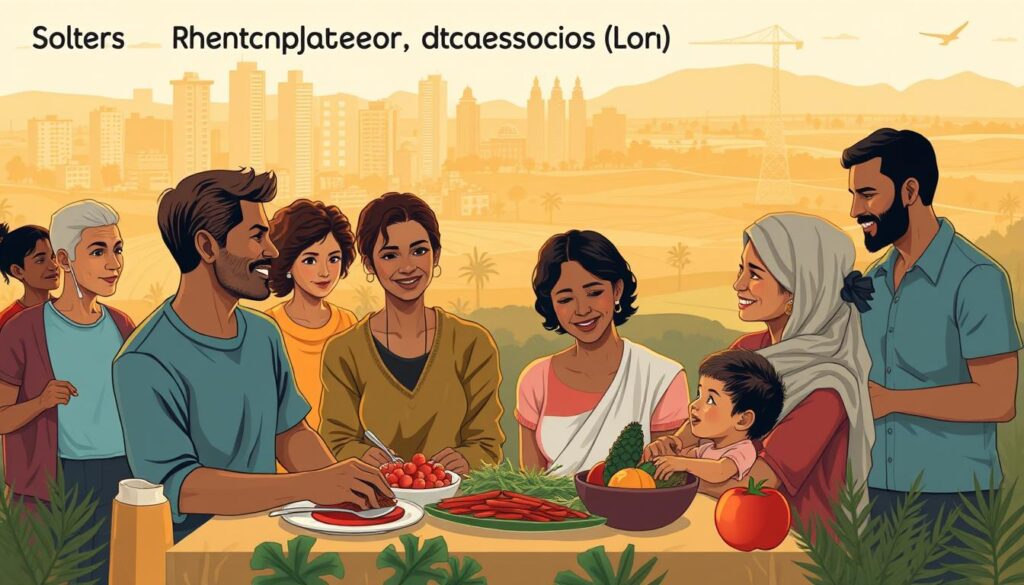 A socioeconomic risk factors for diabetes illustration. A diverse group of people from various backgrounds, ages, and socioeconomic statuses are depicted. In the foreground, a family sharing a healthy meal, conveying the importance of diet and lifestyle. In the middle ground, individuals of different income levels, highlighting disparities in access to healthcare and education. In the background, urban and rural landscapes, representing the broader societal factors that contribute to diabetes risk. The scene is illuminated by warm, natural lighting, creating a contemplative, educational atmosphere. The composition emphasizes the interconnected nature of socioeconomic determinants and their impact on diabetes prevalence.