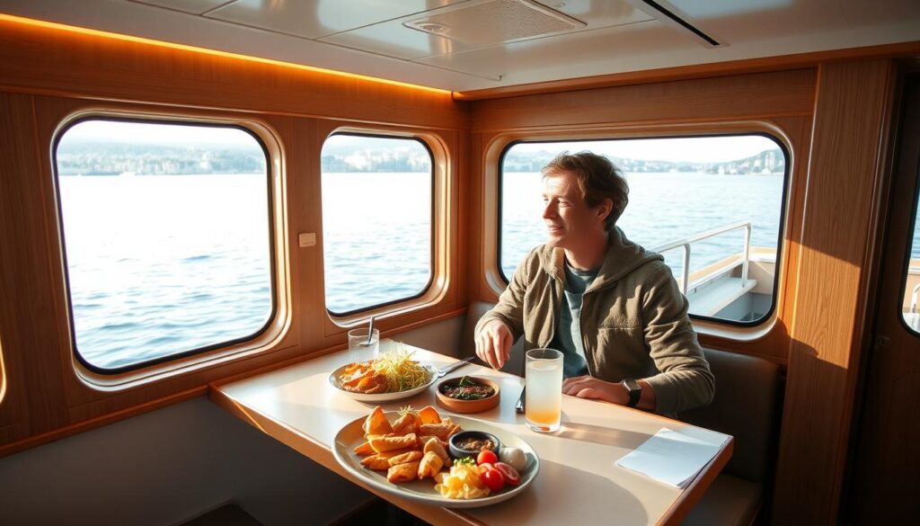 A solo traveler enjoying a peaceful dining experience on a ferry, sitting at a cozy table near the window overlooking the calm waters. The interiors feature sleek, modern design with warm lighting, clean lines, and natural wood accents. A variety of delectable local cuisine is artfully presented on the table, accompanied by a refreshing beverage. The traveler appears relaxed and content, taking in the serene scenery as the ferry gently glides across the tranquil body of water.