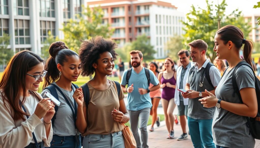 A university campus health program scene, showcasing a group of diverse students engaged in various wellness activities. In the foreground, a group of students participate in a diabetes screening test, their expressions focused and attentive. In the middle ground, others are seen jogging, practicing yoga, and consulting with healthcare professionals. The background depicts the campus environment, with modern buildings, lush greenery, and a sense of vibrant, healthy community. The lighting is warm and natural, accentuating the positive atmosphere. The camera angle is slightly elevated, providing a comprehensive view of the scene. The overall mood conveys a proactive, empowered approach to student health and well-being.