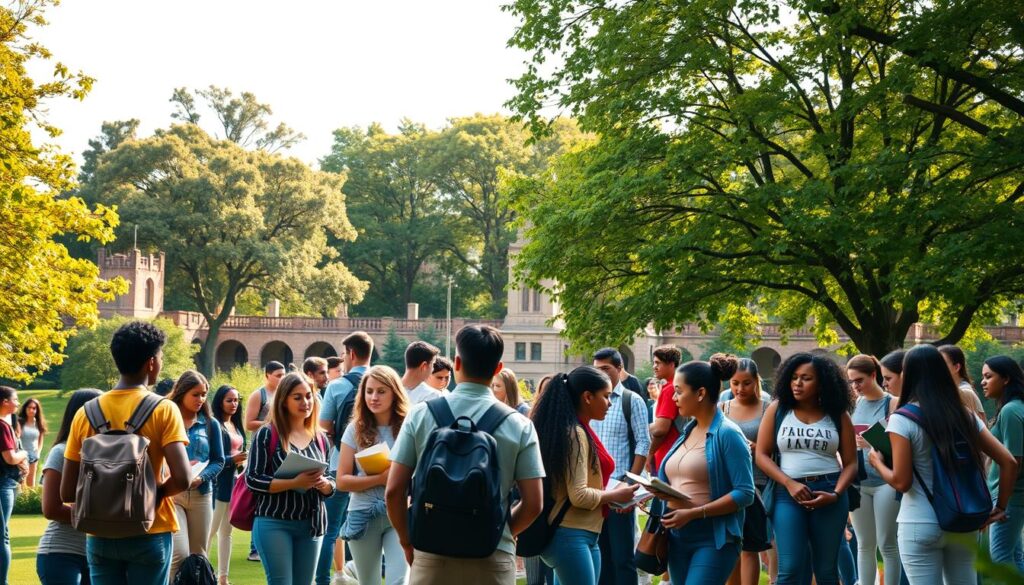 A university campus set against a backdrop of lush greenery, representing higher education as a solution to addressing the complex socioeconomic factors contributing to diabetes. In the foreground, a diverse group of students engaged in active learning, symbolizing the power of knowledge and research to unlock new approaches to disease prevention and management. The scene is bathed in warm, natural lighting, conveying a sense of hope and possibility. The composition emphasizes the interconnectedness of education, health, and socioeconomic status, inviting the viewer to consider the multifaceted nature of this public health challenge.