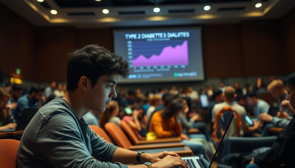 A university lecture hall, dimly lit with warm, ambient lighting. In the foreground, a young adult student sits hunched over a laptop, their face etched with concern. Surrounding them, a crowd of students - some engaged in discussion, others typing furiously on their devices. In the middle ground, a projection screen displays a chart depicting the rising trend of type 2 diabetes among the student population, conveying a sense of urgency and the need for awareness. The background is blurred, but suggests a modern, well-equipped educational setting. The overall mood is one of contemplation and a growing realization of the health challenges facing this demographic.