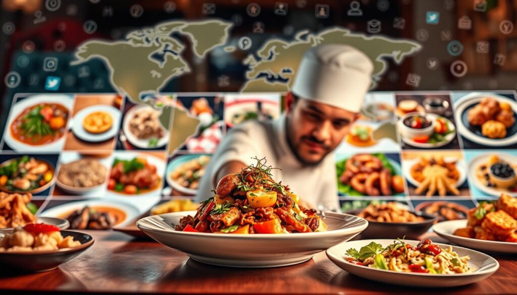 A vibrant Instagram feed showcasing a diverse array of mouthwatering dishes, each a delectable ambassador of a nation's culinary heritage. In the foreground, a chef-influencer carefully plates a fusion dish, blending flavors and techniques from across the globe. The middle ground features a stylized grid of food photography, capturing the visual splendor of international cuisines. In the background, a swirling pattern of hashtags, geotags, and social media icons suggest the far-reaching impact of this "gastro-diplomacy" movement. Warm, soft lighting casts a inviting glow, while a shallow depth of field draws the viewer's eye to the central culinary masterpiece. This visually engaging scene represents the power of social media to educate, inspire, and connect people through the universal language of food.