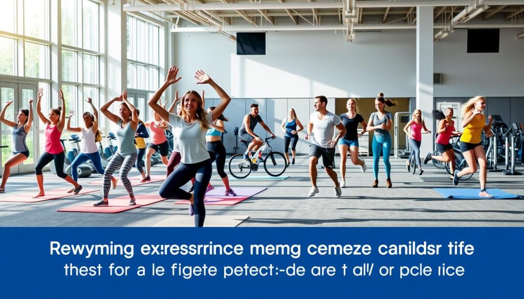 A vibrant and dynamic scene showcasing various physical exercise activities recommended for campus life. In the foreground, a group of people perform a range of exercises, including yoga poses, stretching, and light cardio. The middle ground features individuals jogging, cycling, and engaging in team sports such as basketball and soccer. The background depicts a well-equipped campus gymnasium with modern fitness equipment and natural lighting flooding the space, creating an inviting and motivating atmosphere. The overall scene conveys a sense of camaraderie, wellness, and the importance of maintaining an active lifestyle to manage blood sugar levels.