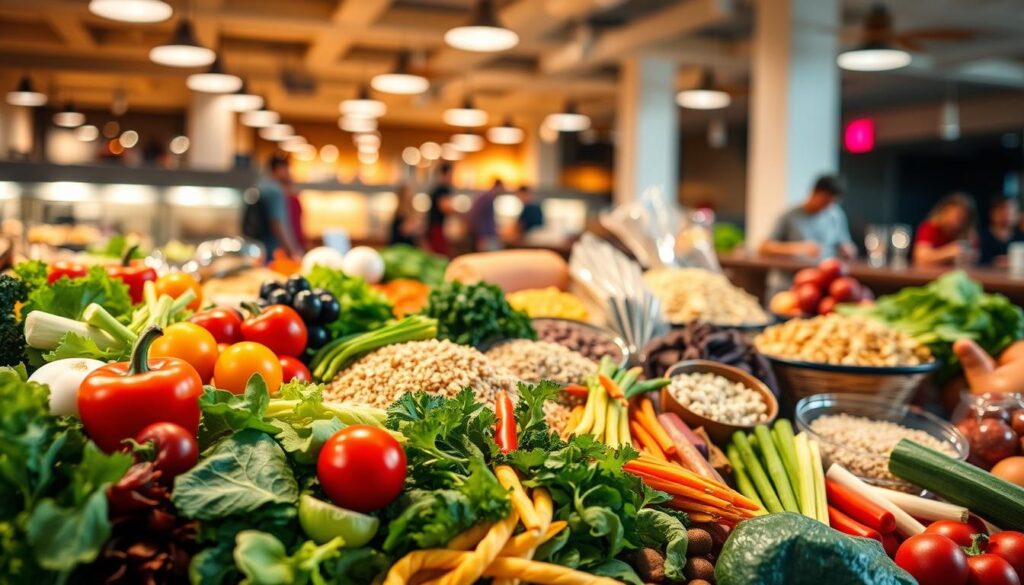 A vibrant and visually appealing image showcasing "Tips for Choosing Healthy Foods on Campus". Set in a lively campus cafeteria, the scene depicts a variety of fresh, colorful ingredients arranged in an enticing display. In the foreground, an array of nutrient-dense options such as leafy greens, crisp vegetables, and whole grains take center stage, lit by warm, natural lighting. The middle ground features a selection of healthy protein sources, from lean meats to plant-based options, while the background subtly suggests the bustling atmosphere of the campus dining hall. The overall mood is one of health, wellness, and informed food choices, inviting the viewer to consider the benefits of a balanced, campus-friendly diet.