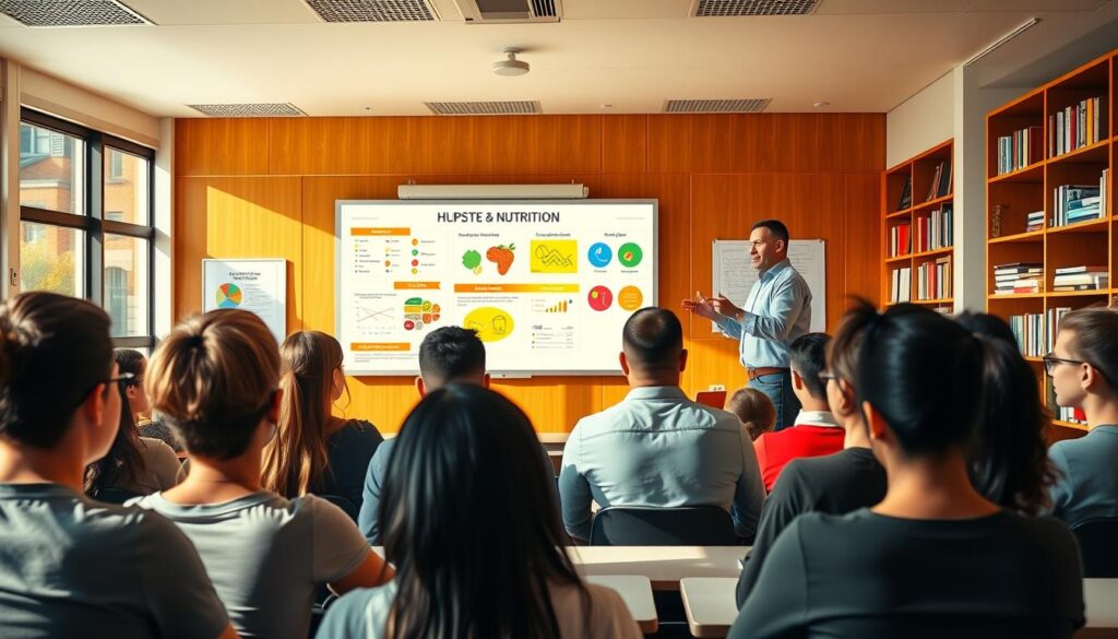 A vibrant classroom setting, bathed in warm, natural lighting. In the foreground, a group of attentive students, their expressions engaged and eager, as a lecturer stands at the front, gesticulating animatedly while presenting colorful visuals on a large screen. The middle ground features informative charts and diagrams illustrating the key principles of nutrition, their data points conveying a sense of increased knowledge. In the background, shelves of books and academic resources, conveying an atmosphere of intellectual pursuit. The overall scene exudes a sense of educational progress, with the students' body language and the visuals suggesting a positive impact of the nutrition education program.