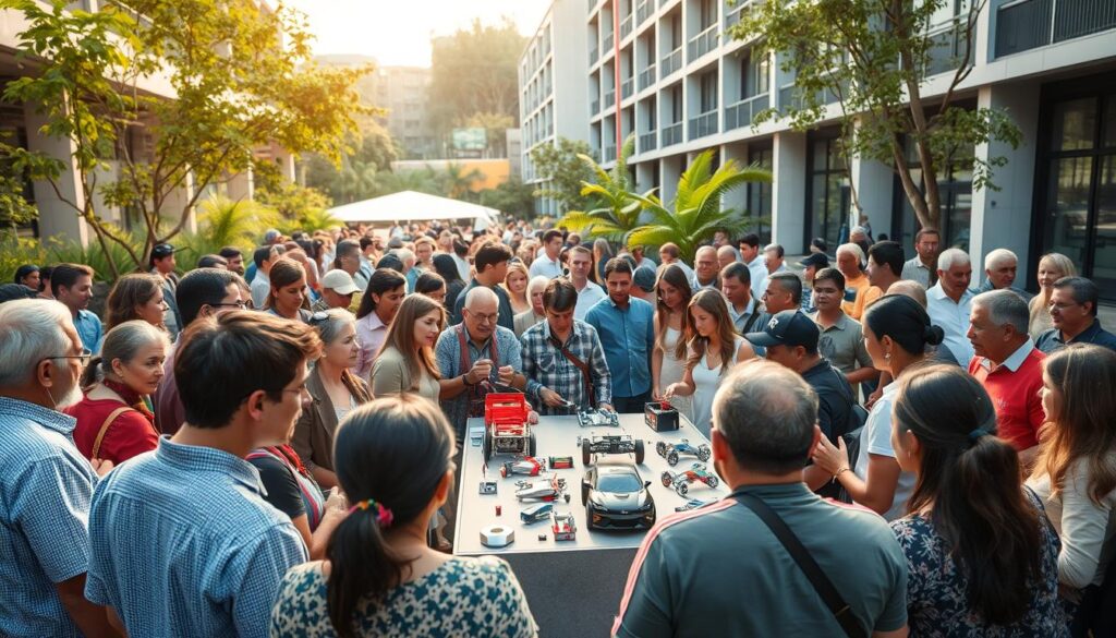 A vibrant community gathering, set against a backdrop of modern architectural structures and lush greenery. In the foreground, a diverse group of people - young and old, engaged in animated discussions, sharing ideas, and showcasing their innovative creations. The middle ground features a central display area, where prototypes and models are being demonstrated, capturing the attention of the curious onlookers. Soft, natural lighting filters through the scene, creating a warm and inviting atmosphere. The overall composition conveys a sense of collaborative progress, where the community embraces and embraces the transformative power of innovation.