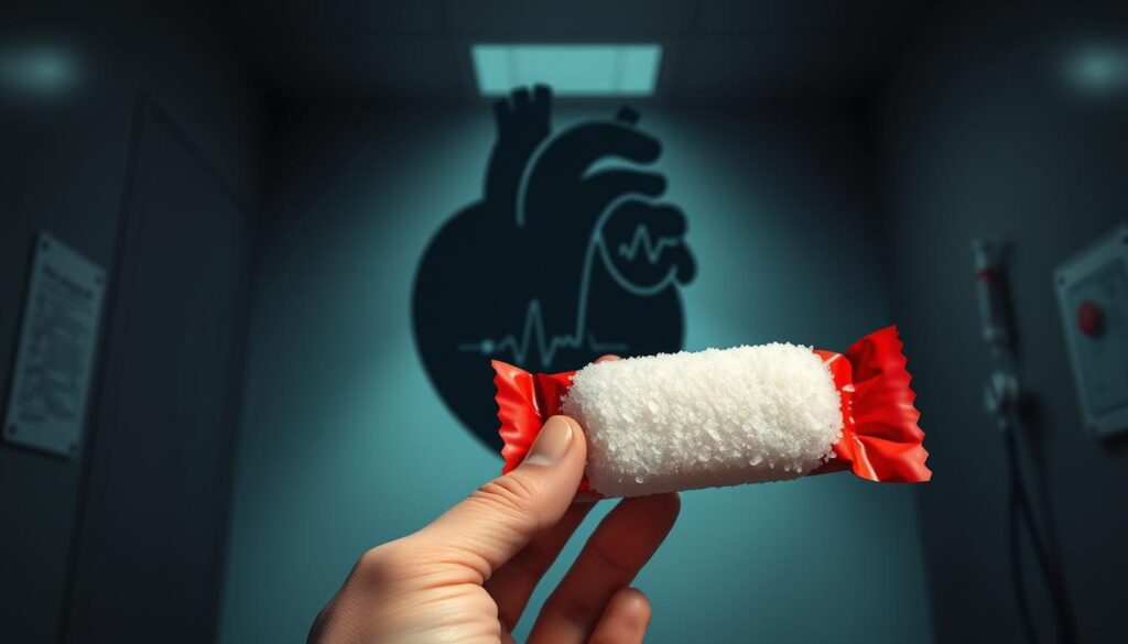 A vibrant, photorealistic illustration depicting the detrimental impact of excessive sugar consumption on human health. In the foreground, a close-up of a hand holding a candy bar, casting an ominous shadow across a stylized human heart. In the middle ground, a series of medical icons - a syringe, a stethoscope, and a blood pressure cuff - symbolizing the various health issues associated with a sugar-heavy diet. The background showcases a dimly lit, clinical environment, with muted tones and subtle textures, conveying a sense of unease and the gravity of the subject matter. Crisp, high-contrast lighting emphasizes the tension between the enticing, sugar-laden treat and the looming threat to overall wellbeing.