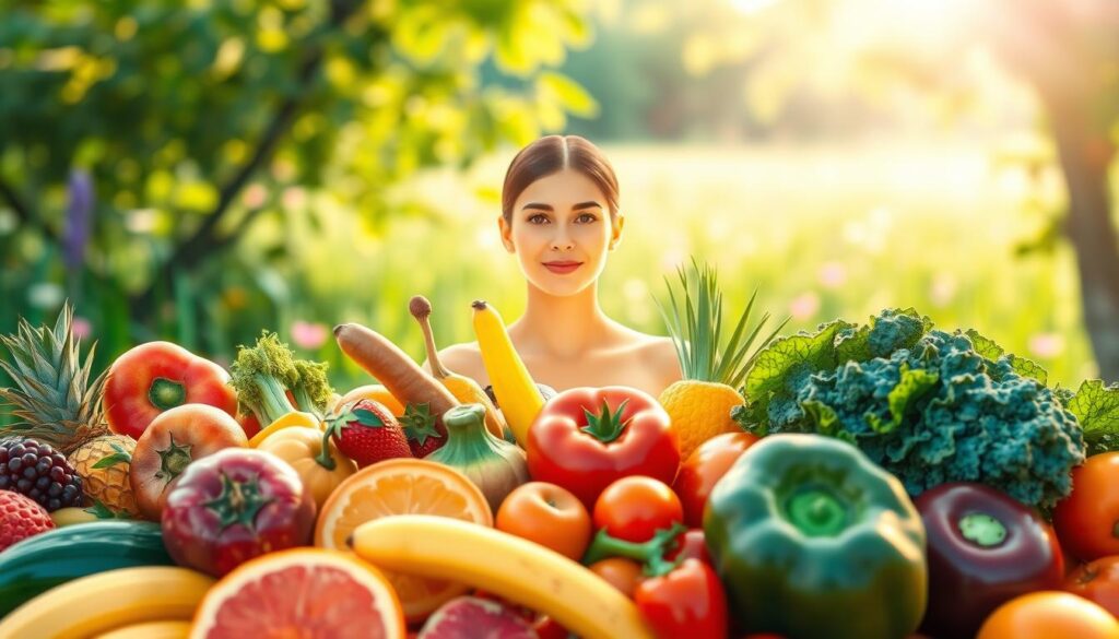 A vibrant, photorealistic illustration showcasing the benefits of a balanced diet on human health. In the foreground, a diverse array of fresh, colorful fruits and vegetables are artfully arranged, representing the core components of a nutritious, well-rounded meal. In the middle ground, a person radiates with vitality, their skin glowing and eyes sparkling, conveying the positive impacts of consuming a balanced diet. The background features a serene, natural setting, such as a lush, verdant garden or a sun-dappled meadow, creating a tranquil, nourishing atmosphere. The lighting is soft and diffused, evoking a sense of warmth and wellness. The overall composition and color palette inspire a feeling of balance, harmony, and the holistic benefits of a healthy, balanced diet.
