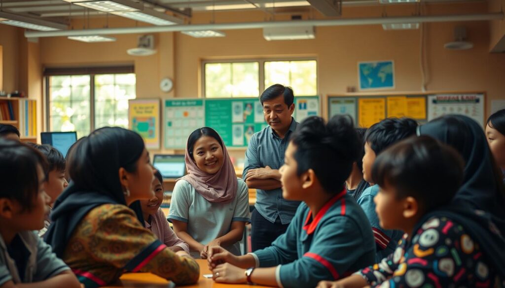 A vibrant scene of an integrated educational setting, captured with a cinematic lens. In the foreground, a diverse group of students actively engaged in a collaborative learning activity, their faces alight with curiosity and enthusiasm. In the middle ground, a teacher guides the discussion, their posture and expression conveying a sense of nurturing and guidance. The background reveals a well-equipped classroom, with colorful displays and state-of-the-art technology, creating an atmosphere of modern, holistic education. Warm, natural lighting filters through large windows, casting a soft glow and enhancing the sense of openness and inclusivity. The overall mood is one of dynamic, integrated learning, reflecting the essence of the "Model Pembelajaran" concept.