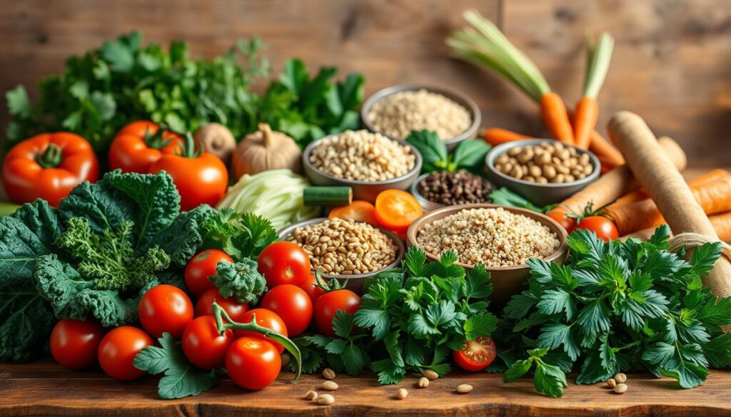 A vibrant still life showcasing an assortment of fresh, wholesome ingredients arranged on a wooden table. In the foreground, a variety of colorful vegetables such as crisp kale, juicy tomatoes, and crunchy carrots take center stage. In the middle ground, whole grains like brown rice and quinoa are displayed alongside a bowl of legumes, adding nutritional depth. The background features a selection of aromatic herbs and spices, casting warm, natural lighting across the scene. The overall composition conveys a sense of balance, simplicity, and the vibrant, nourishing essence of healthy, affordable cuisine.