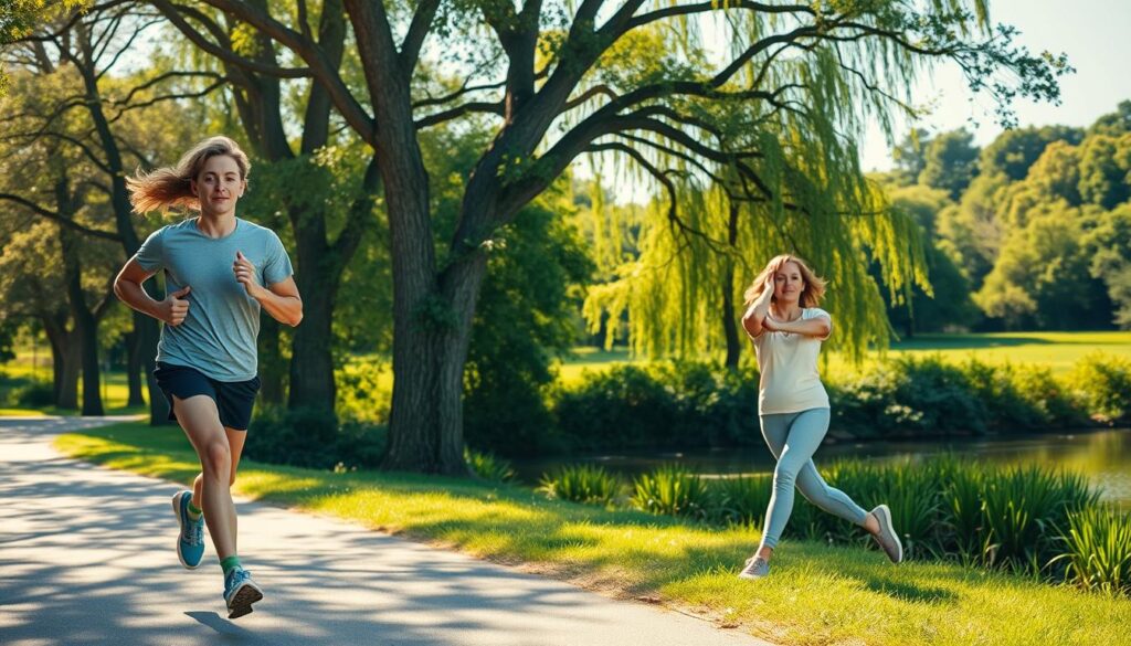 A vibrant, sun-dappled scene of a young, active individual engaging in a variety of healthy lifestyle activities. In the foreground, they are jogging along a scenic park path, breathing deeply and exuding vitality. In the middle ground, they pause to perform some light stretching and yoga poses, their body language radiating mindfulness and balance. In the background, a lush, verdant landscape frames the scene, with towering trees and a tranquil pond creating a serene, rejuvenating atmosphere. Warm, golden lighting bathes the entire composition, conveying a sense of positivity and wellness. The overall image communicates the holistic, multifaceted nature of a healthy lifestyle, encompassing physical activity, mental wellbeing, and harmony with the natural world.