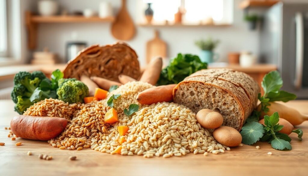 A visually appetizing assortment of nutritious complex carbohydrates arranged harmoniously on a wooden table. In the foreground, a variety of whole grains such as brown rice, quinoa, and whole wheat bread. In the middle ground, fresh vegetables like broccoli, spinach, and sweet potatoes. The background features a softly lit, cozy kitchen setting, conveying a sense of warmth and wellness. Crisp, natural lighting illuminates the scene, highlighting the vibrant colors and textures of the healthy carbohydrate choices. The overall mood is one of balance, nourishment, and mindful food selection, suitable for a student's dietary needs.