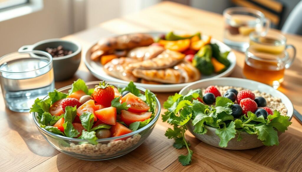 A visually appetizing spread of healthy student-friendly meals arranged on a wooden table, bathed in warm, natural lighting. In the foreground, a vibrant salad with crisp greens, juicy tomatoes, and a light vinaigrette dressing. Next to it, a hearty bowl of whole-grain oats topped with fresh berries and a drizzle of honey. In the middle ground, a lean protein such as grilled chicken or fish, accompanied by roasted vegetables like sweet potatoes and broccoli. In the background, a glass of water and a cup of herbal tea, creating a balanced, nutritious tableau. The scene exudes a sense of simplicity, nourishment, and mindfulness, reflecting the practical tips for a healthy student diet.
