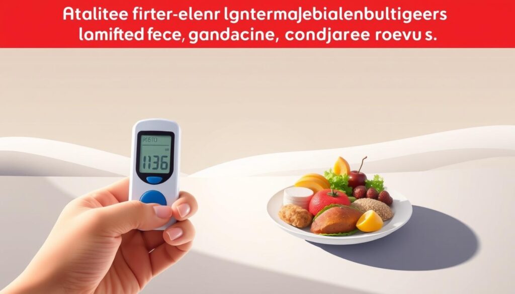 A visually striking digital illustration depicting the effective strategies for managing blood sugar levels. The foreground showcases a hand holding a glucose monitoring device, highlighting the importance of regular testing. The middle ground features a balanced plate of healthy, low-glycemic foods, including fresh produce, whole grains, and lean proteins. In the background, a soothing, minimalist landscape with soft lighting and muted colors creates a sense of calm and control. The overall mood conveys a sense of empowerment and confidence in one's ability to manage blood sugar through a holistic, evidence-based approach.