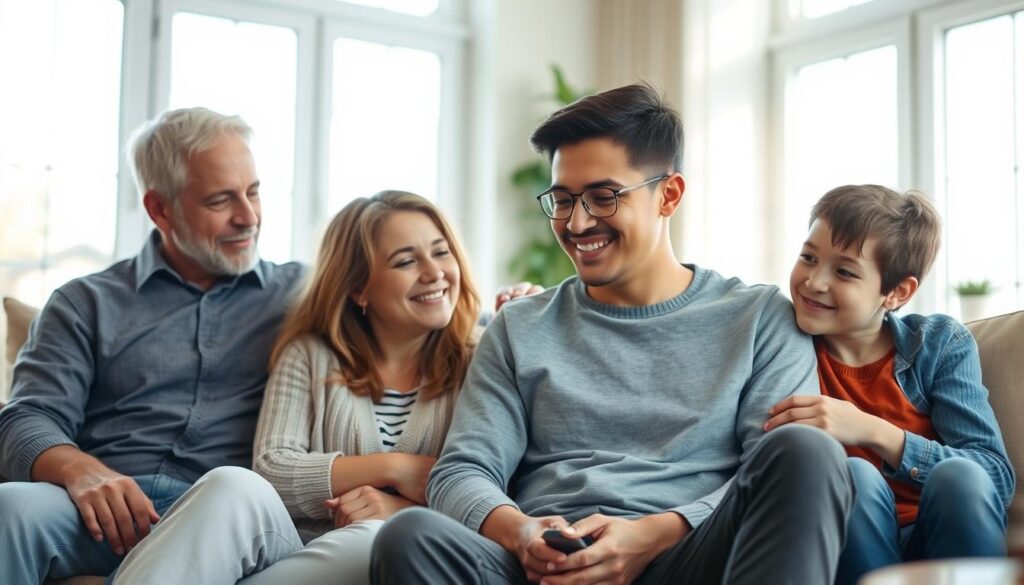 A warm, compassionate family providing emotional and practical support to a young college student with diabetes. In the foreground, the student sits comfortably on a couch, surrounded by their attentive parents and siblings. Gentle afternoon light filters through large windows, creating a tranquil, nurturing atmosphere. The family members' expressions convey understanding, encouragement, and a deep commitment to the student's well-being. In the background, hints of a cozy, inviting home environment with personal touches. The scene radiates a sense of unity, care, and the positive impact of a supportive family network on the student's quality of life and ability to manage their condition.