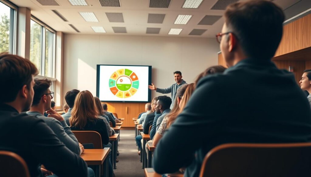 A well-lit university lecture hall, with rows of attentive students listening intently to a knowledgeable nutritionist leading an interactive workshop on healthy eating. The nutritionist gestures towards a large display showcasing a balanced "healthy plate" model, engaging the students and fostering a deeper understanding of nutrition. Vibrant, natural lighting filters in through large windows, creating a warm, inviting atmosphere conducive to learning. The students' faces exude a sense of heightened awareness and interest, eager to apply the workshop's insights to their daily lives and dietary choices.